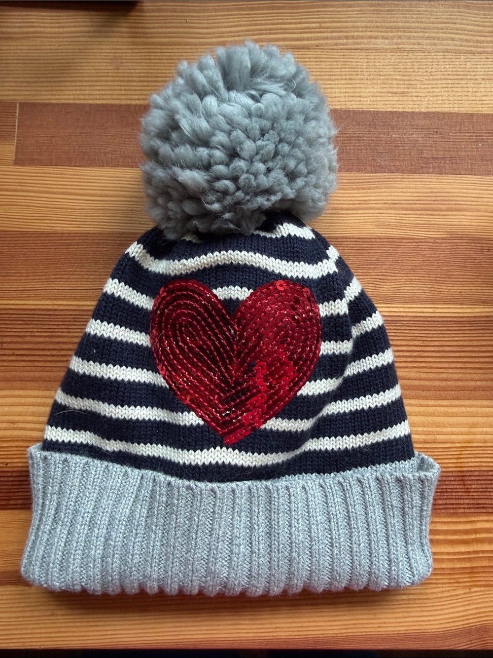 Gap Kids Striped Pom Beanie with Red Sequin Heart